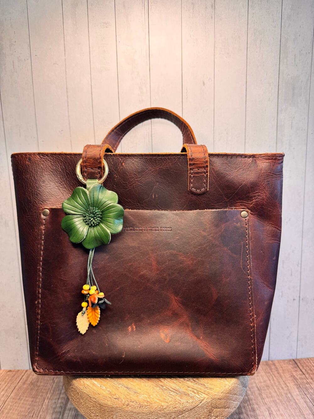 Green Flower Pansy Purse Charm Genuine Leather Flower Green Bag Charm FAST SHIP